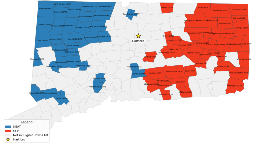 CT Eligible Towns by Provider (NEAT/UCP) + Hartford